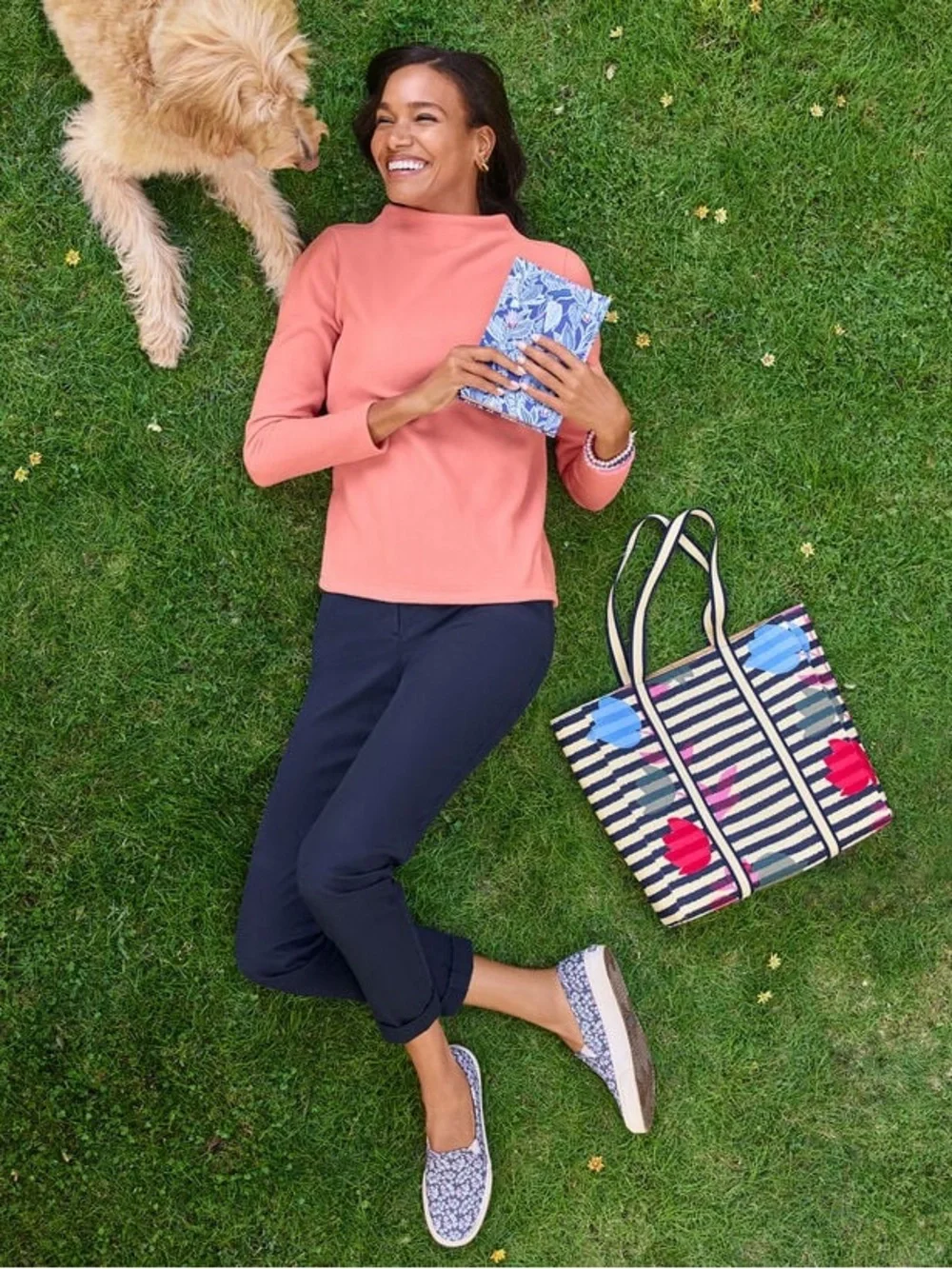 Talbots Flowers & Stripes Canvas Tote Bag striped pattern colorful floral